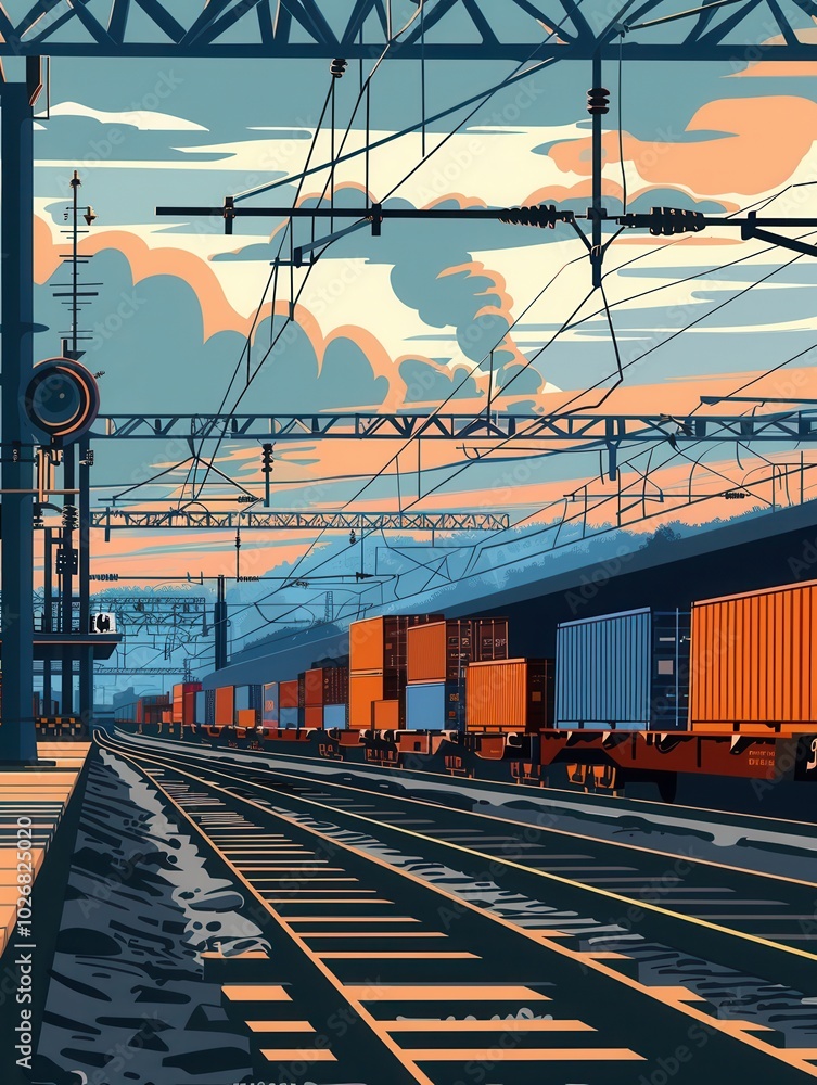 Poster a freight train is being loaded with colorful containers at a busy railway station as the sun sets, 
