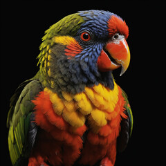 Fototapeta premium Vibrant close-up of a rainbow lorikeet showcasing its colorful feathers against a dark backdrop