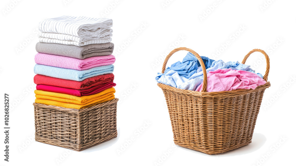 Poster freshly folded laundry and wicker baskets in a tidy laundry space generative ai