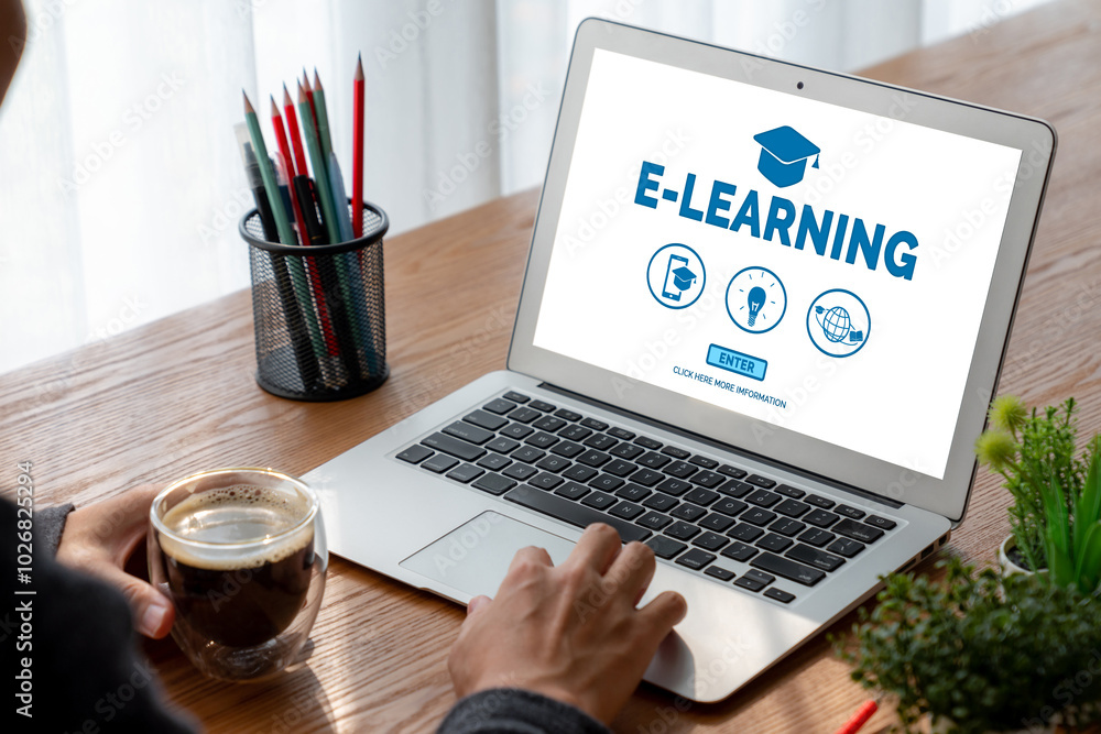 Poster e-learning website with modish sofware for student to study online on the internet network