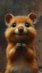 Fototapeta premium A charming close-up of a curious golden quokka in a rustic setting, showcasing its playful demeanor and expressive features