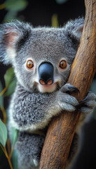 A curious koala clings to a textured tree trunk while observing its surroundings in a lush, serene habitat illuminated by soft daylight