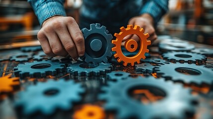 A business manager engages with technology, using digital gears and icons to streamline operations, enhance system management, and improve performance.