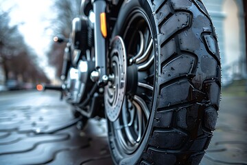 Close-up of the rear wheel of a custom motorcycle