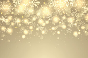 Abstract Christmas gold background with snowflakes, stars, and bokeh light effects, luxury winter backdrop, vector illustration.