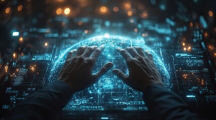 Fototapeta premium A businessman activates a flying earth network interface, depicted in a dynamic 3D rendering that showcases futuristic technology and connectivity.