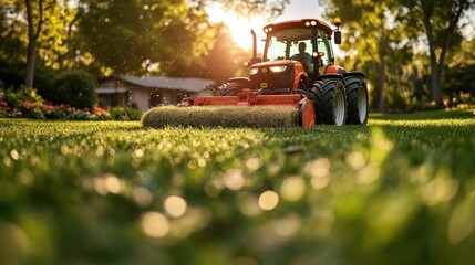 Red Tractor Mowing a Lawn