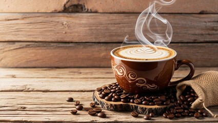 worn, distressed wooden plank serves as the rustic backdrop for a steaming hot cup of coffee, adorned with a delicate