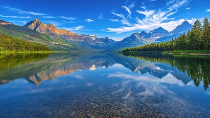 Obraz premium Serene Mountain Lake Reflection Under Clear Blue Sky