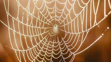 Dew-Covered Spider Web With A Blurred Background