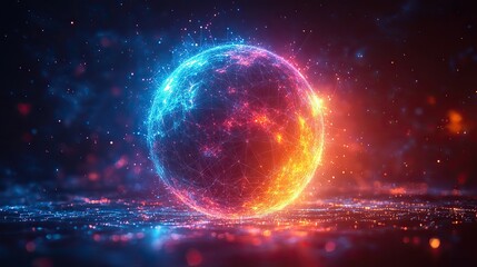 A colorful sphere of lines symbolizes big data and network connections, creating a 3D rendering of abstract technology with space for text.