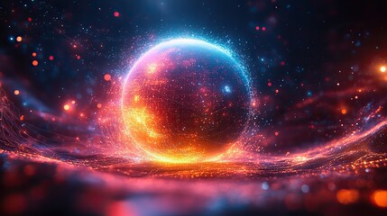 A colorful sphere of lines symbolizes big data and network connections, creating a 3D rendering of abstract technology with space for text.