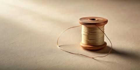 A Single Wooden Spool of Cream Colored Thread with a Soft, Natural Light Casting a Shadow on the Fabric Surface