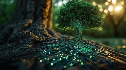 A concept of IT ethics and green technology is illustrated by a circuit board growing inside a green tree.