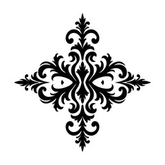 Elegant black damask pattern in symmetrical floral design on white background, perfect for luxury decor, wedding invitations, wallpaper, textiles, or ornate logo elements