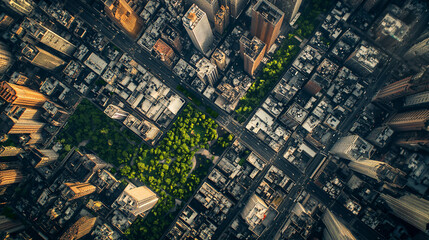 aerial cityscape of new york city with green park in the center  high rise buildings and urban architecture  view from above  drone photography  bird's eye view