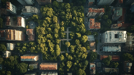 aerial view of a city park surrounded by buildings and trees with a square patio in the middle.