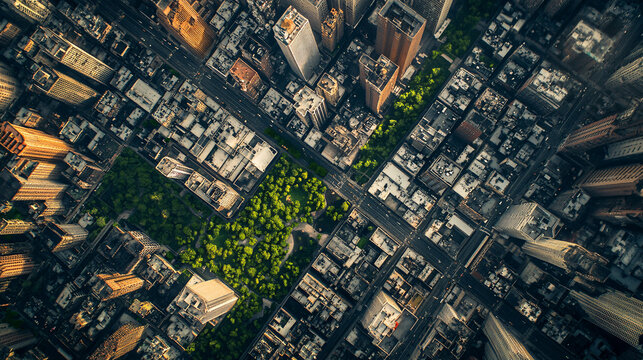 Fototapeta aerial cityscape of new york city with green park in the center  high rise buildings and urban architecture  view from above  drone photography  bird's eye view