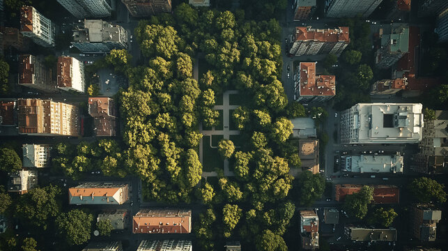 aerial view of a city park surrounded by buildings and trees with a square patio in the middle.