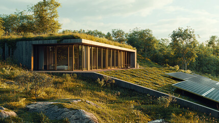 modern green home with solar panels and green roof in the woods