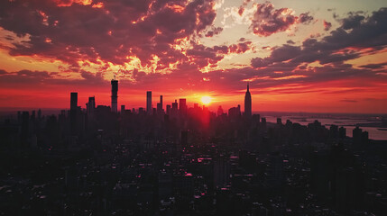 Fototapeta premium silhouette of new york city skyline at sunset with orange and red sky