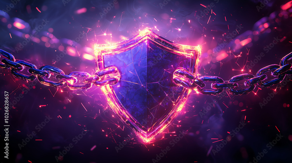 Poster glowing digital shield with chains representing cybersecurity and ransomware protection in high tech