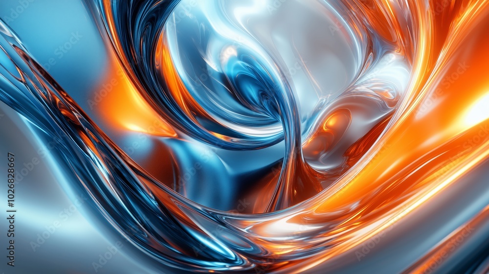 Poster 3d render, abstract background with orange and blue chrome elements in dynamic composition