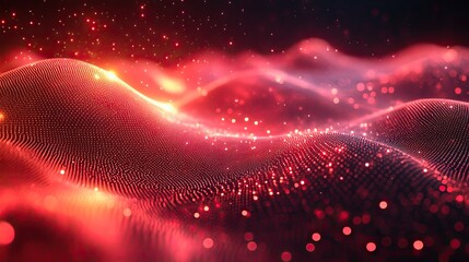 A dark red abstract technology background featuring gradient halftone patterns and pop art style.