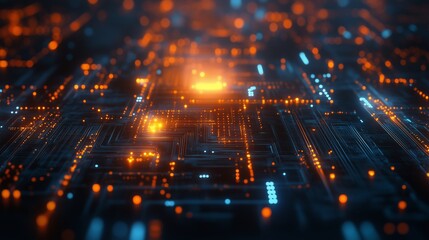 3D rendering of a futuristic abstract background with glowing digital technology and cyber city elements