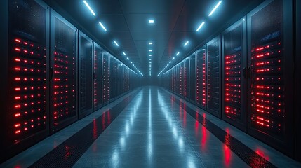 Fototapeta premium A dark server room with glowing hard drives, highlighting the technology of data storage systems.