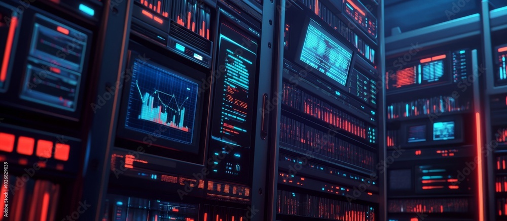 Poster rows of servers in a data center with glowing red and blue lights.