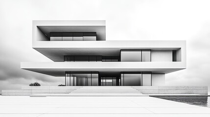 A depiction of minimal modern architecture set against a stark, white sky, emphasizing clean lines and simplicity in design.