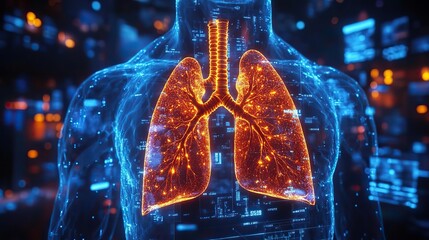 A diagnostics concept where a doctor uses a tablet and virtual screen to analyze human lungs with medical technology.