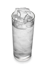 Refreshing water with ice in glass isolated on white