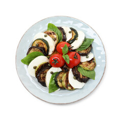 Tasty salad with grilled vegetables and mozzarella cheese isolated on white, top view