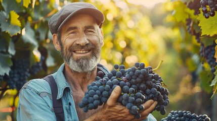 A vineyard owner inspecting ripe grapes on the vine, ready for harvesting