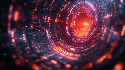 Obraz premium A digital hologram screen with a circular technology background symbolizes futuristic concepts, blending abstract visuals with high-tech interfaces.