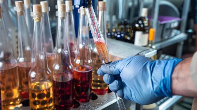 A winemaker using a hydrometer to measure sugar levels in fermenting grape juice