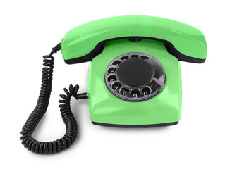 Old light green telephone with rotary dial isolated on white