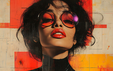 1980s Trendy Collage: Abstract Design with Female Portrait