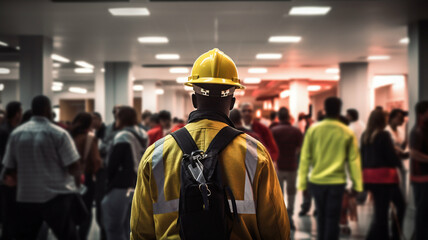 construction worker wearing a yellow hard hat and reflective safety jacket stands in a busy indoor setting, surrounded by a diverse crowd, representing industry and labor.