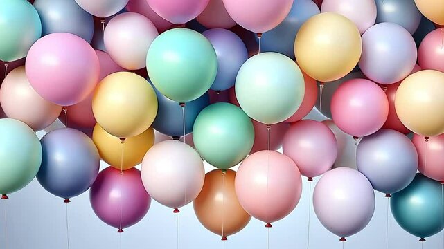 Colorful balloons with strings hanging down on a blue background.