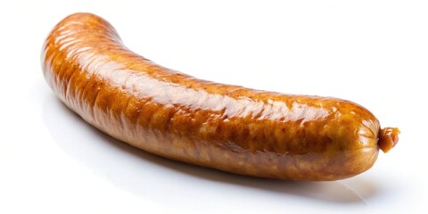 A single, cooked sausage with a golden brown hue, glistening with a layer of fat, displayed on a white surface.