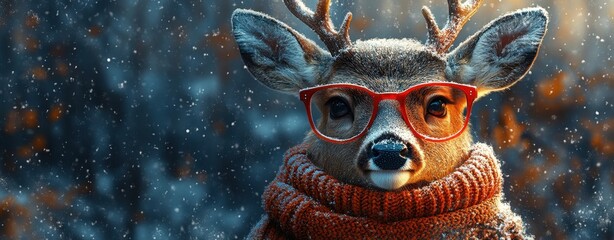 Fototapeta premium Portrait of a Cool Deer Wearing Red Glasses and a Scarf Against a Snowy Mountains Background, Christmas and New Year Winter Wonderland Concept 