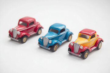 3 vintage toy cars, red, blue, and yellow, on a white background, studio shot, macro photography.