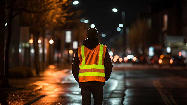 A man wearing a reflective safety vest walks down a dimly lit city street at night, with blurred lights and cars in the background, creating a scene of urban nightlife and safety.