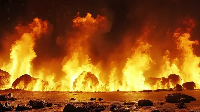 Fiery inferno with flames engulfing rocky terrain, creating a dramatic and intense scene.