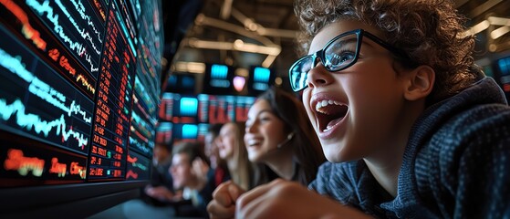 A diverse group of students in a stock trading simulation class, excitedly watching the realtime stock ticker on a large screen