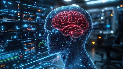 Obraz premium A doctor utilizes robotic and AI-driven medical technology to diagnose and examine patient brain conditions in a futuristic healthcare setting.