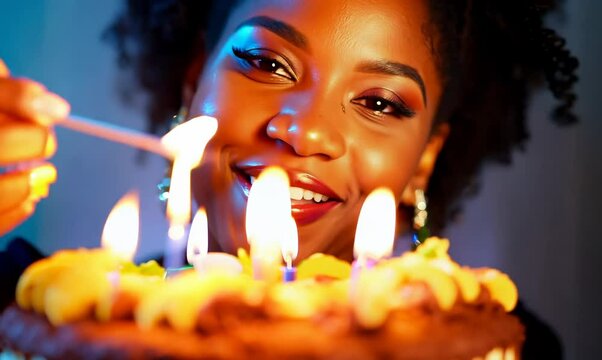 Haitian Woman Lighting Candles on Birthday Cake